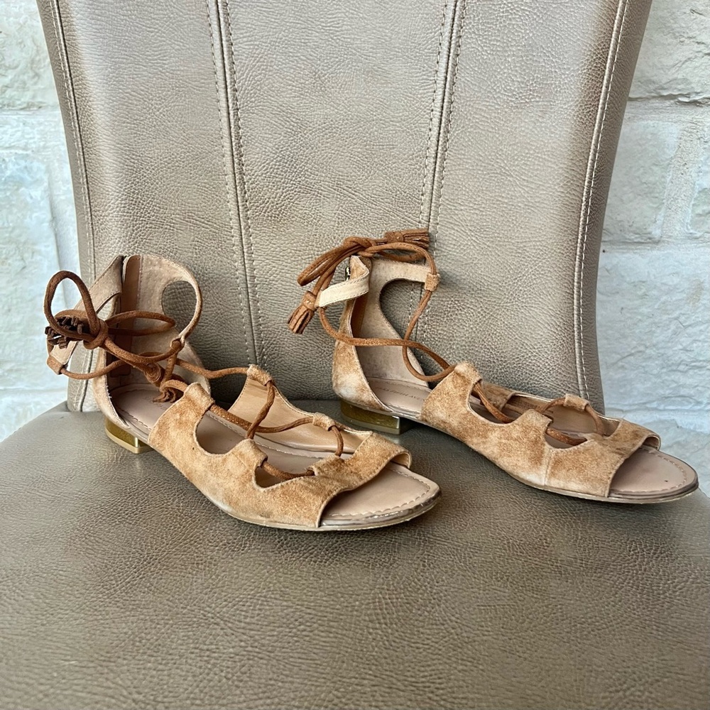 Saks Fifth Elegant Brown Tan Suede Gladiator Lace-Up Sandals